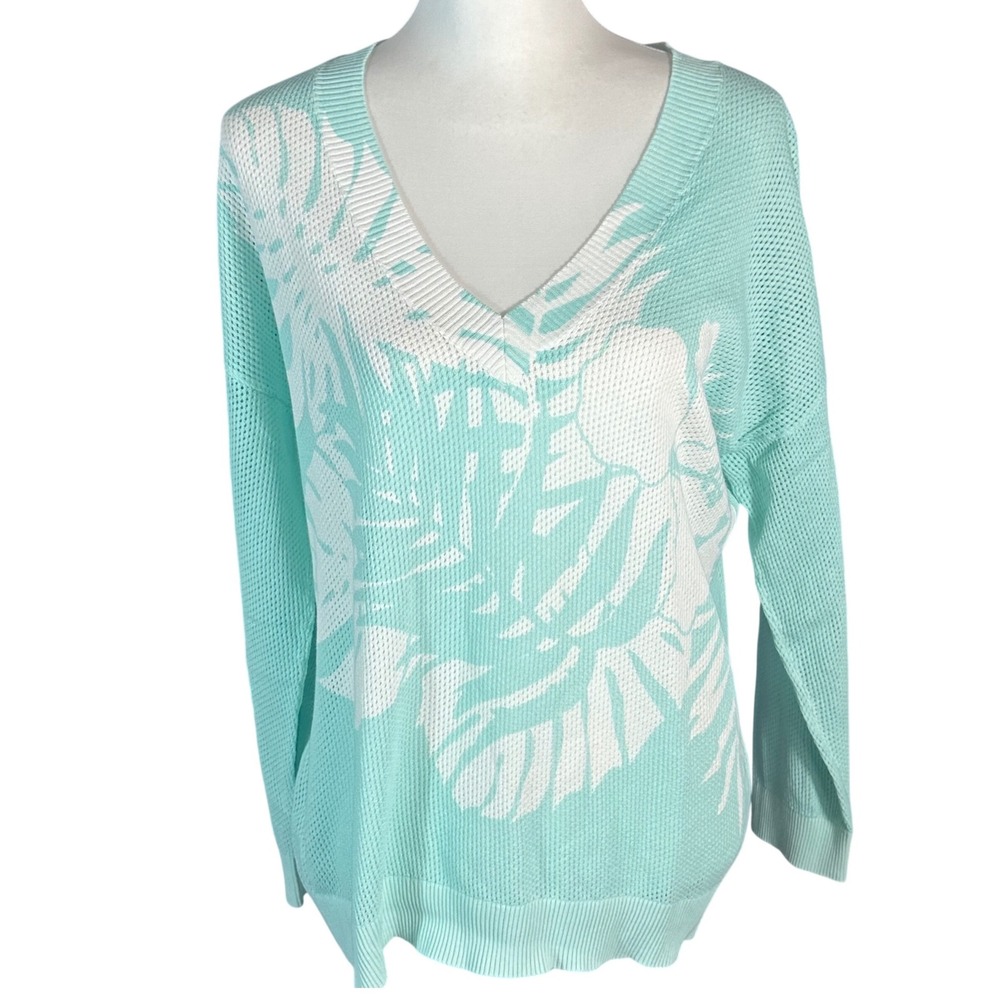 Tommy Bahama Sweater Women Medium Aqua Tropical Leaf Print V-Neck Cotton Knit - Picture 1 of 8